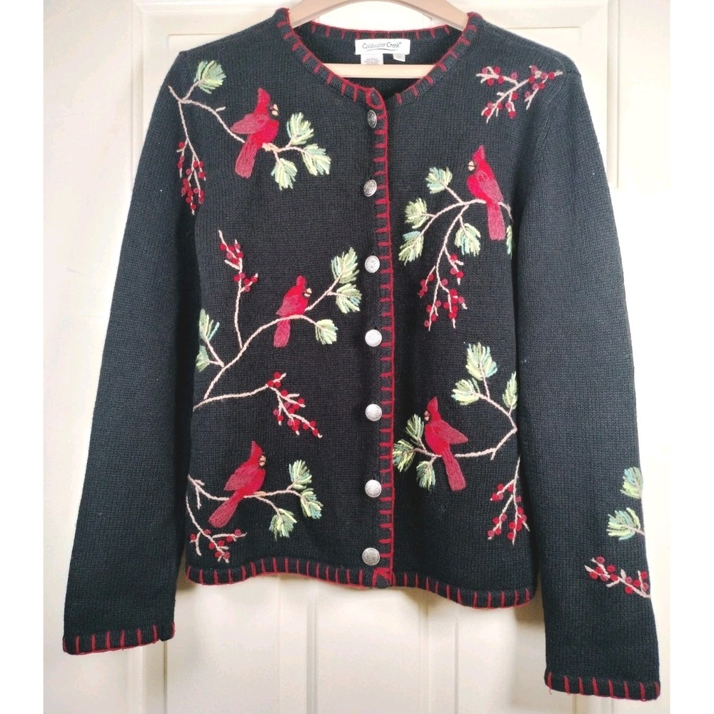 Coldwater Creek Cardinal Bird Embroidered Cardigan Sweater Black Red Winter XS